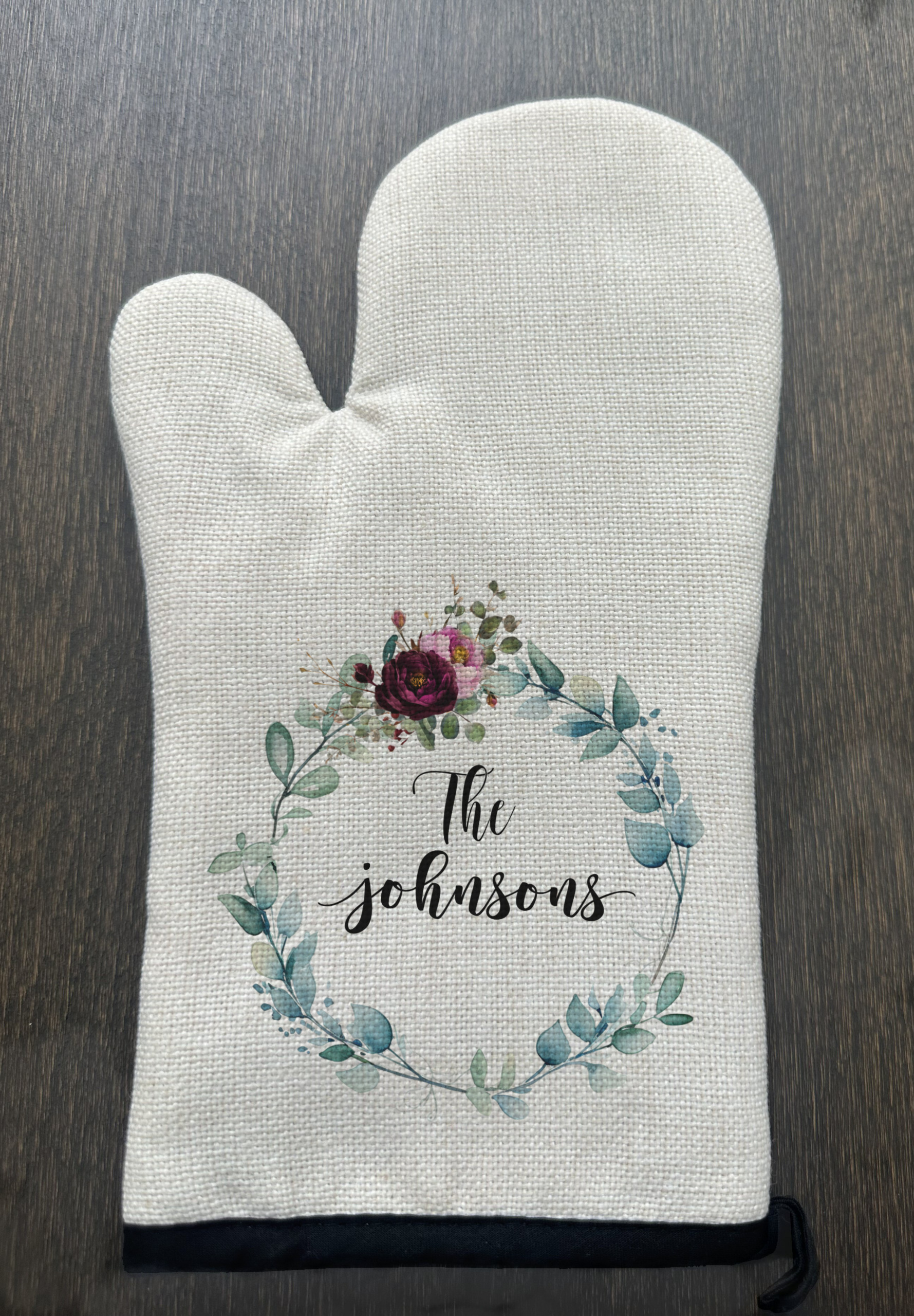 Personalized Floral Wreath Linen Oven Mitt