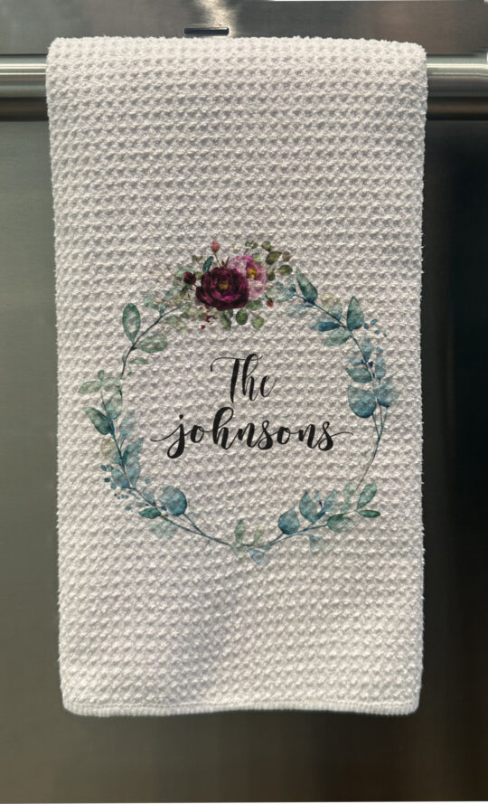 Personalized Greenery Wreath Waffle Tea Towel