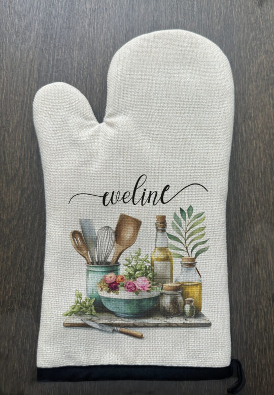 Personalized kitchen floral Linen Oven Mitt