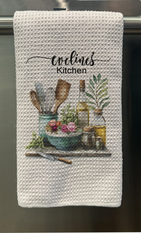 Personalized Kitchen Tools and Greenery Waffle Tea Towel