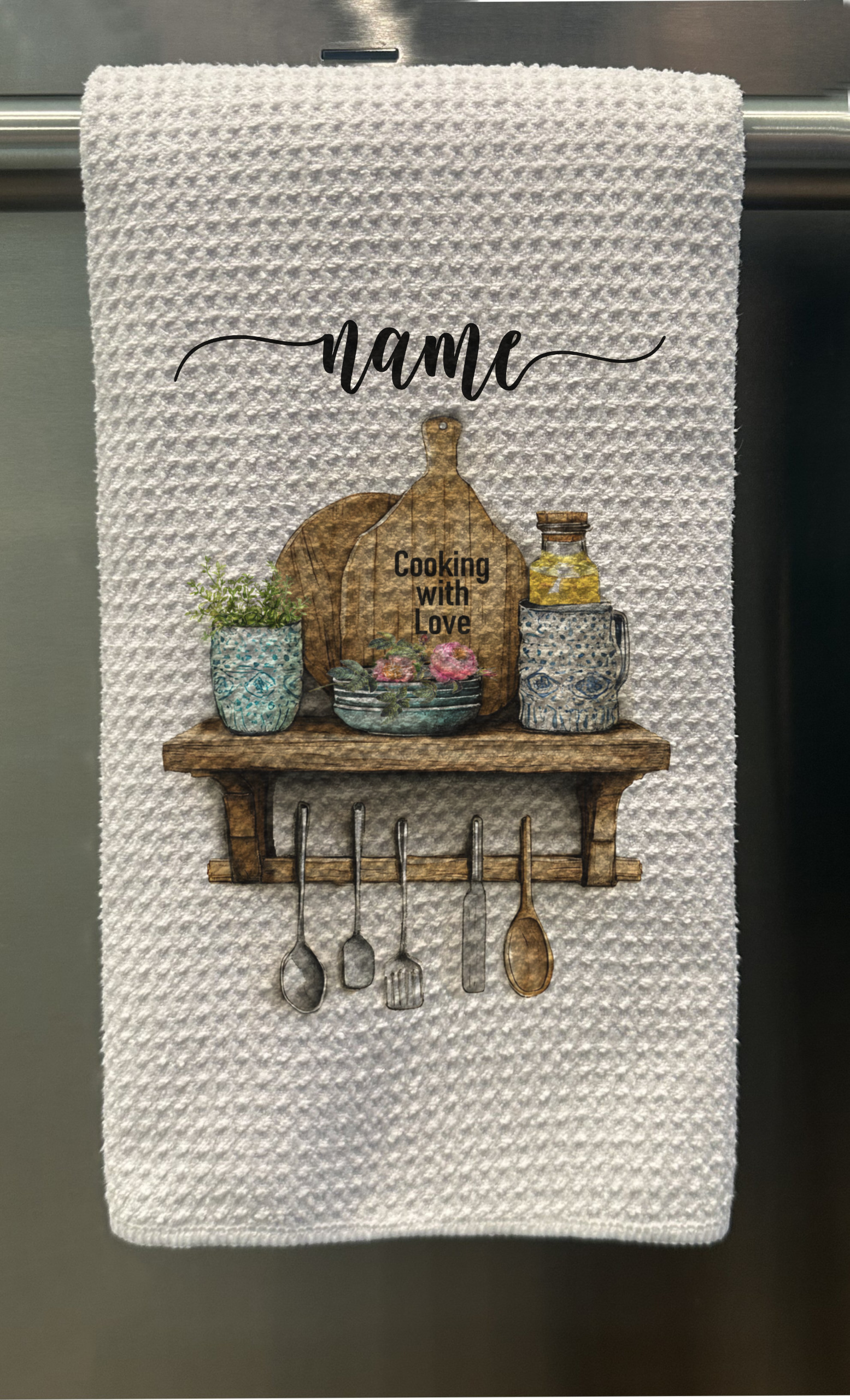 Personalized Kitchen Floral Waffle Tea Towel