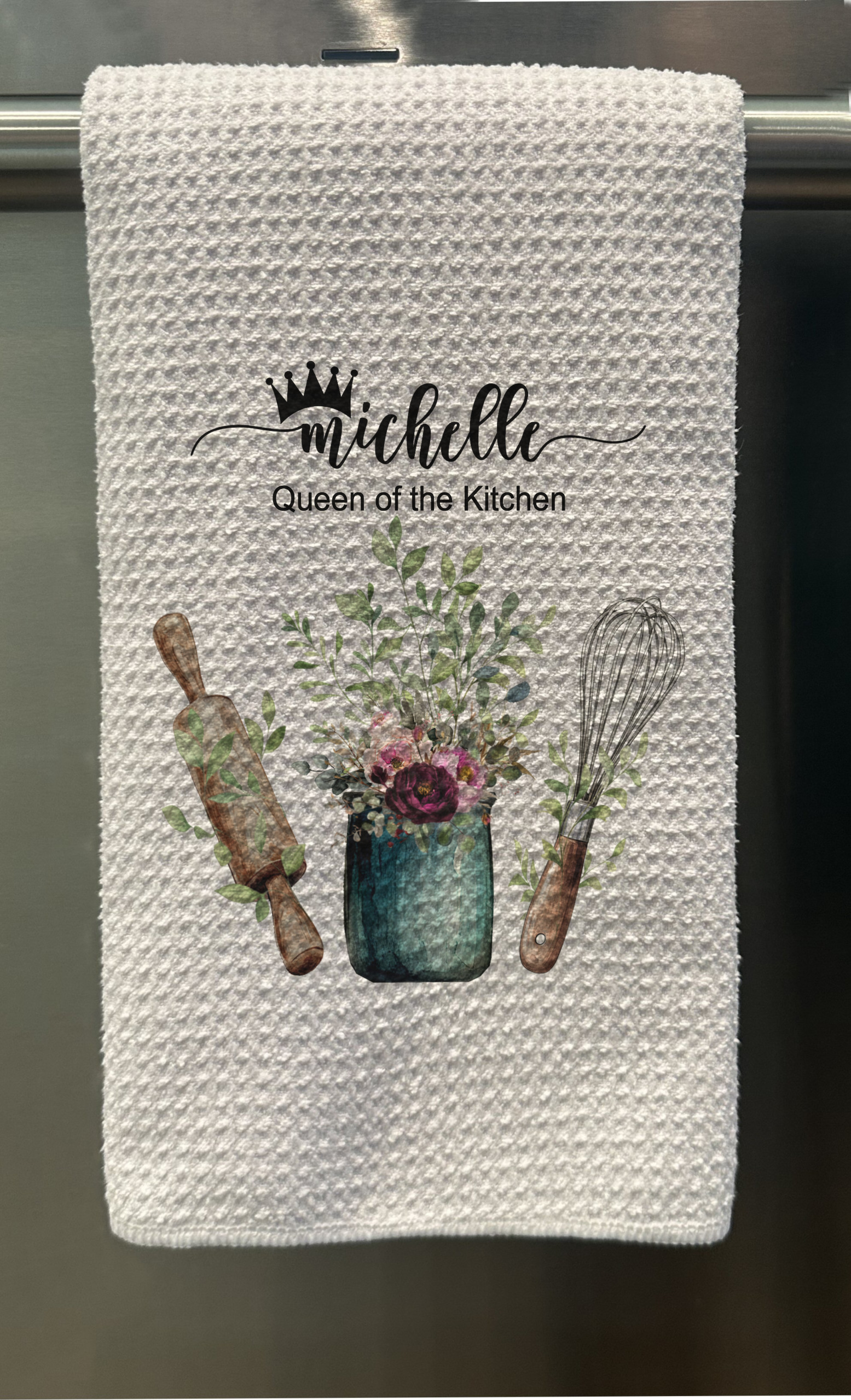 Personalized Kitchen Tools and Floral Waffle Tea Towel