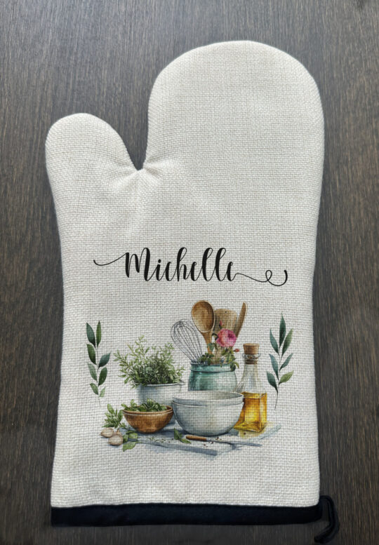 Personalized kitchen floral Linen Oven Mitt