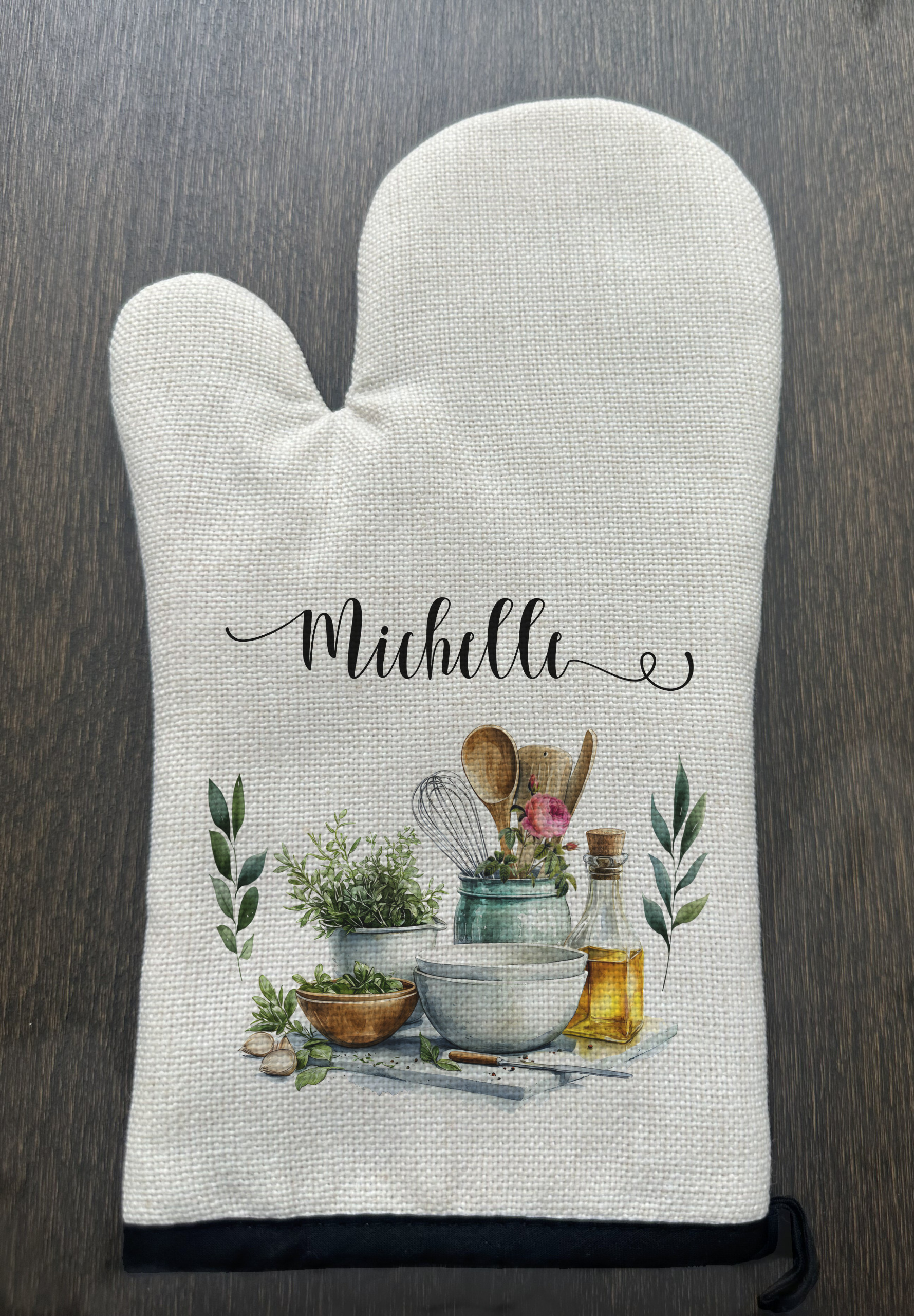 Personalized kitchen floral Linen Oven Mitt