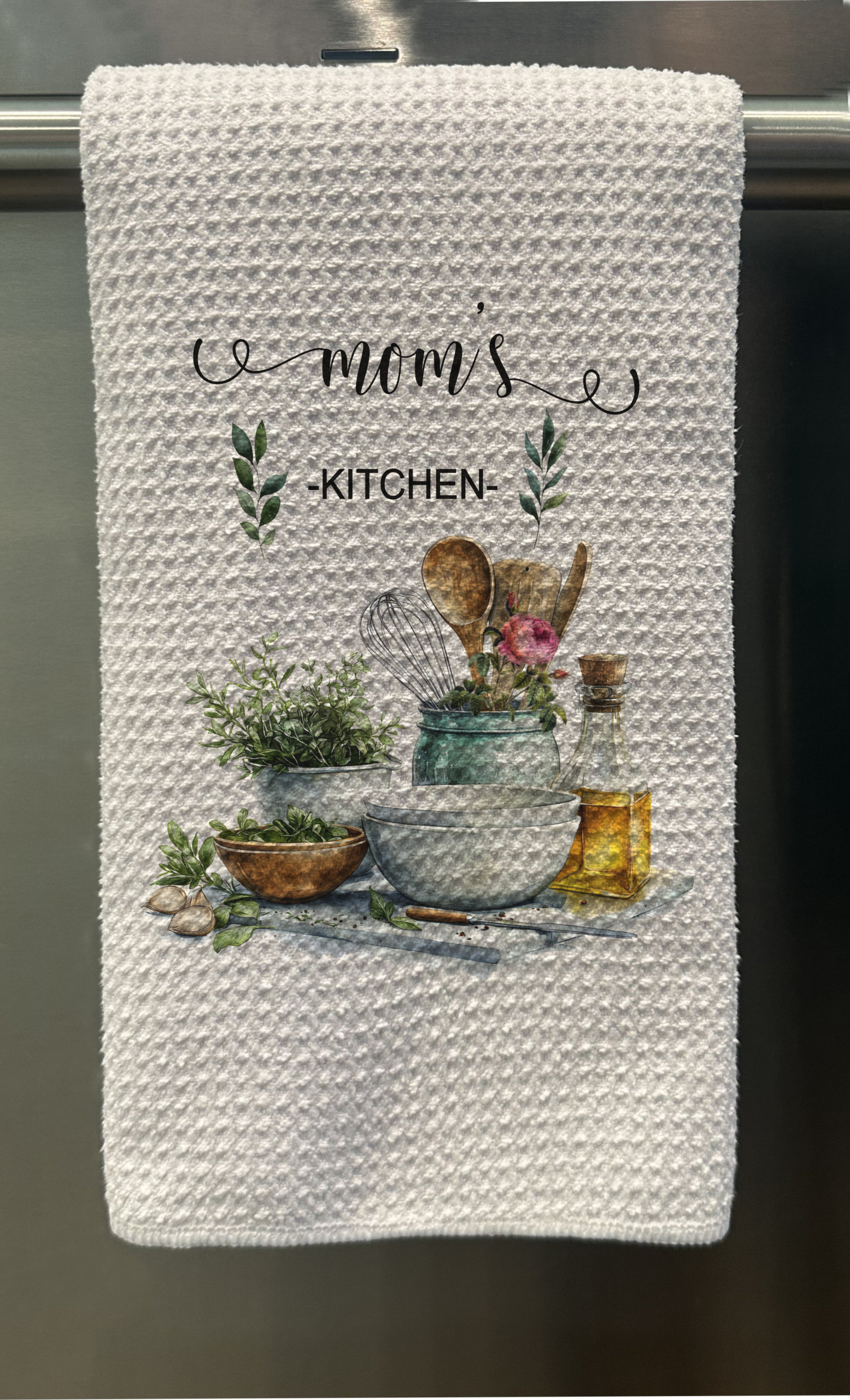 Personalized Kitchen Tools and Greenery Waffle Tea Towel
